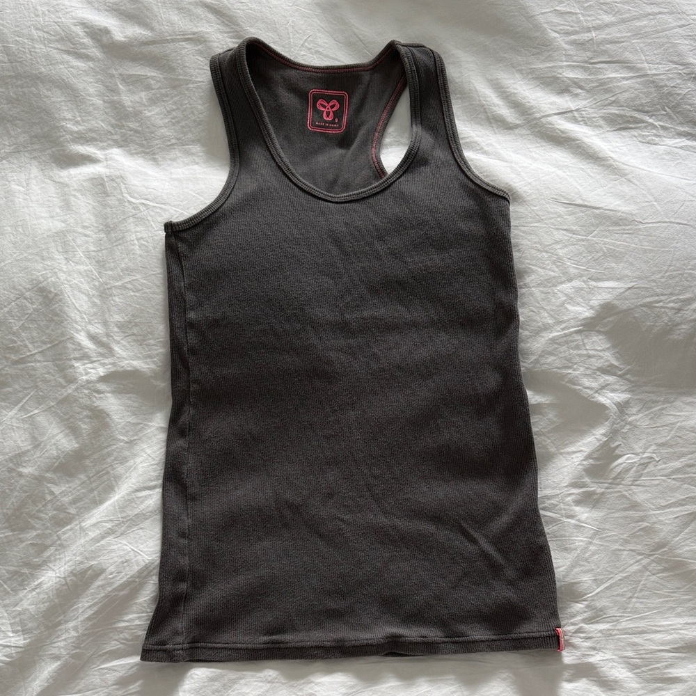 Grey Aritzia TNA Racerback Tank with Pink Logo